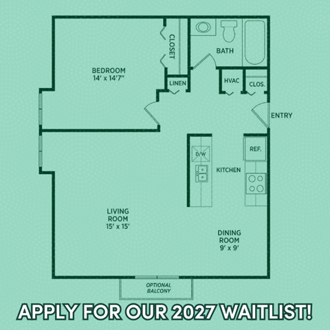Floor plan for 1 bed, 1 bath, 700 sqft